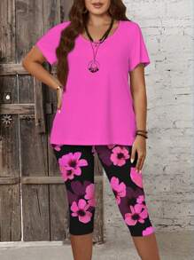EMERY ROSE 2pcs/Set Plus Size Women's Ditsy Floral T-Shirt And 3/4 Length Pants Set, Casual Outfit For Mother's Day, Spring/Summer Suitable For Going Out