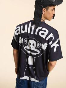 Paul Frank X SHEIN Men's Casual Letter & Monkey Print Round Neck Short Sleeve T-Shirt, Summer - Black - View 7