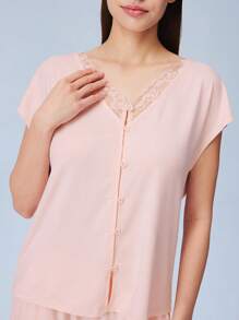 LUVLETTE Super Soft TENCEL™ Modal Pink Lace Inset Button Up Airy Women Pajama Set Lingerie Pants With Pockets Lingerie Bridal Intimates - Pink - View 9