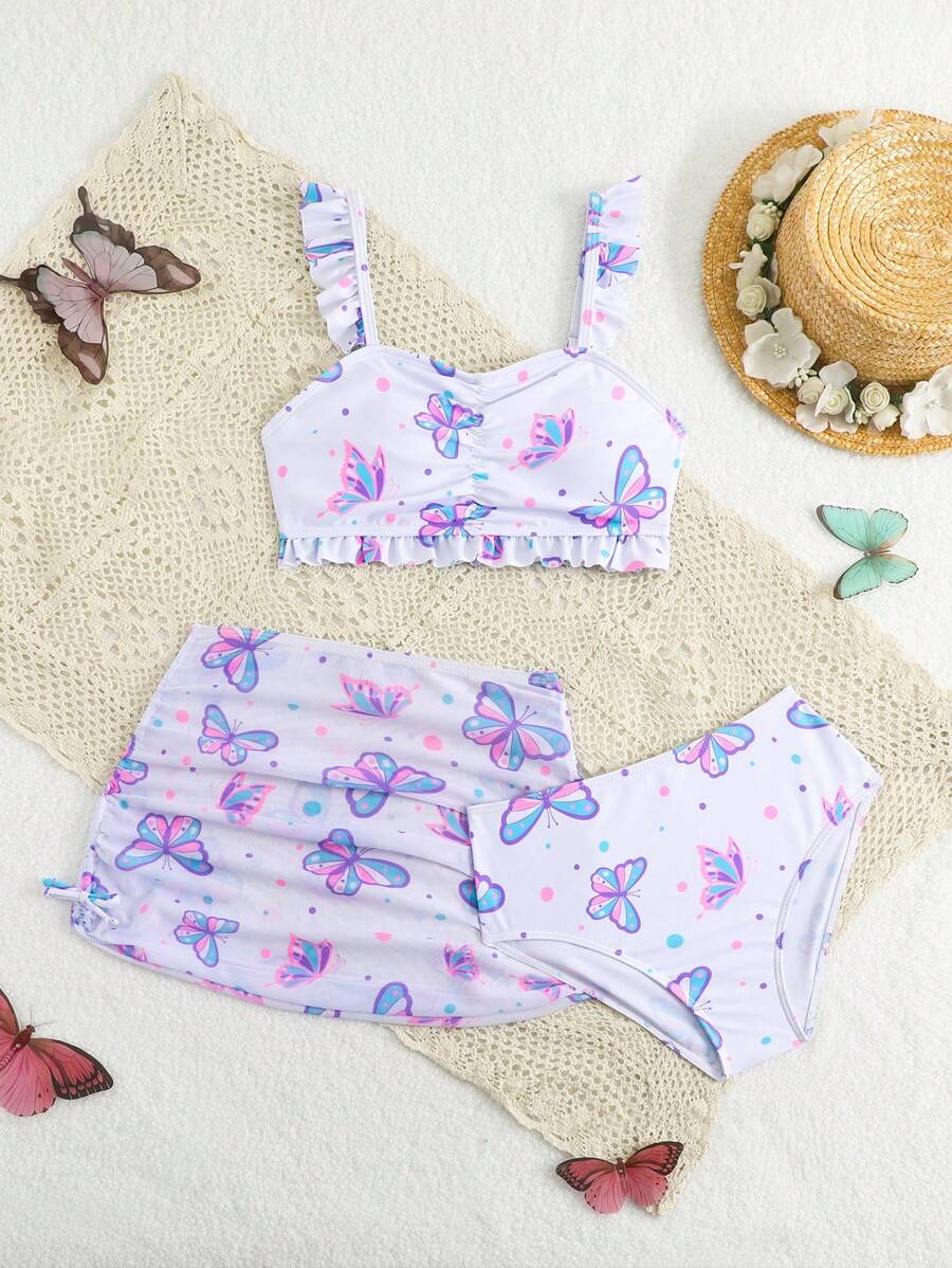 SHEIN 3pcs/Set Girls' Cute Butterfly Draped Bandeau Swimsuit Set (Random Print) - White - View 1