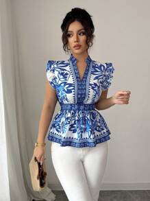 Breezaya Women's Vacation Fit Daisy Retro Print Mandarin Collar Cap Sleeve Shirt - Blue - View 4