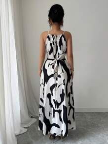 Chiquease Fashionable Sleeveless Waist Defined Floral Print Long Dress For Holiday - Black - View 2