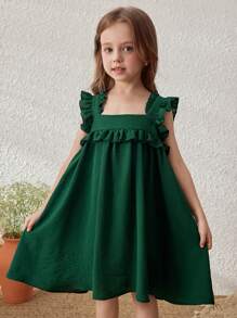 Blossori Vestido sin mangas con volantes y ribete verde para niñas en vacaciones en el campo
