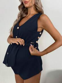 SHEIN 2pcs Maternity Casual Solid Color Tank Top And Adjustable Waist Shorts Set - Navy Blue - View 6