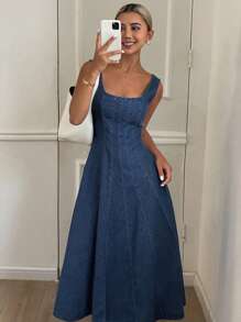 Livesso Vestido de verano informal de mujer de línea A de jean de unicolor