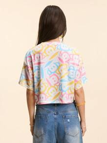 Paul Frank X SHEIN Camiseta de manga corta de cuello redondo con estampado de letras y monos, informal, para el verano