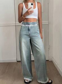 Livesso Jeans casual a gamba dritta in stile patchwork di pizzo per donne