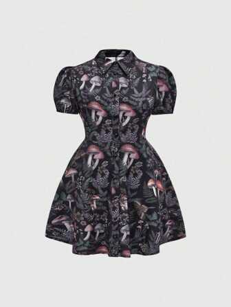 Goth Robe chemise à taille cintrée pour femmes grande taille, motif botanique gothique avec champignons
