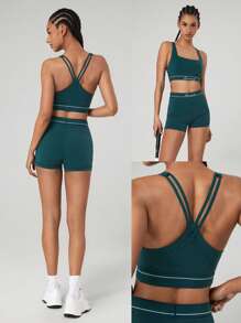 GLOWMODE Powersculpt™ schweißableitende Sporttop mit kühlendem Griff, hoher Stretch, Kontraststreifen, Cross-Design, Multi-Riemen, High-Impact für Training, Laufen, abnehmbare Cups