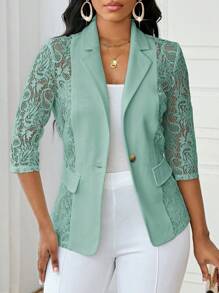 SHEIN Lady Four Season White Suit Women Blazers Women Coat Lace Splicing Elegant Suit
