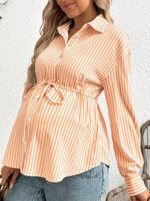 SHEIN Camisa de maternidad casual a rayas con cordón en la cintura, manga larga