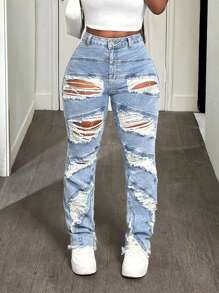 SHEIN Tall Jeans pitillo casual desgastados y lavados para mujer