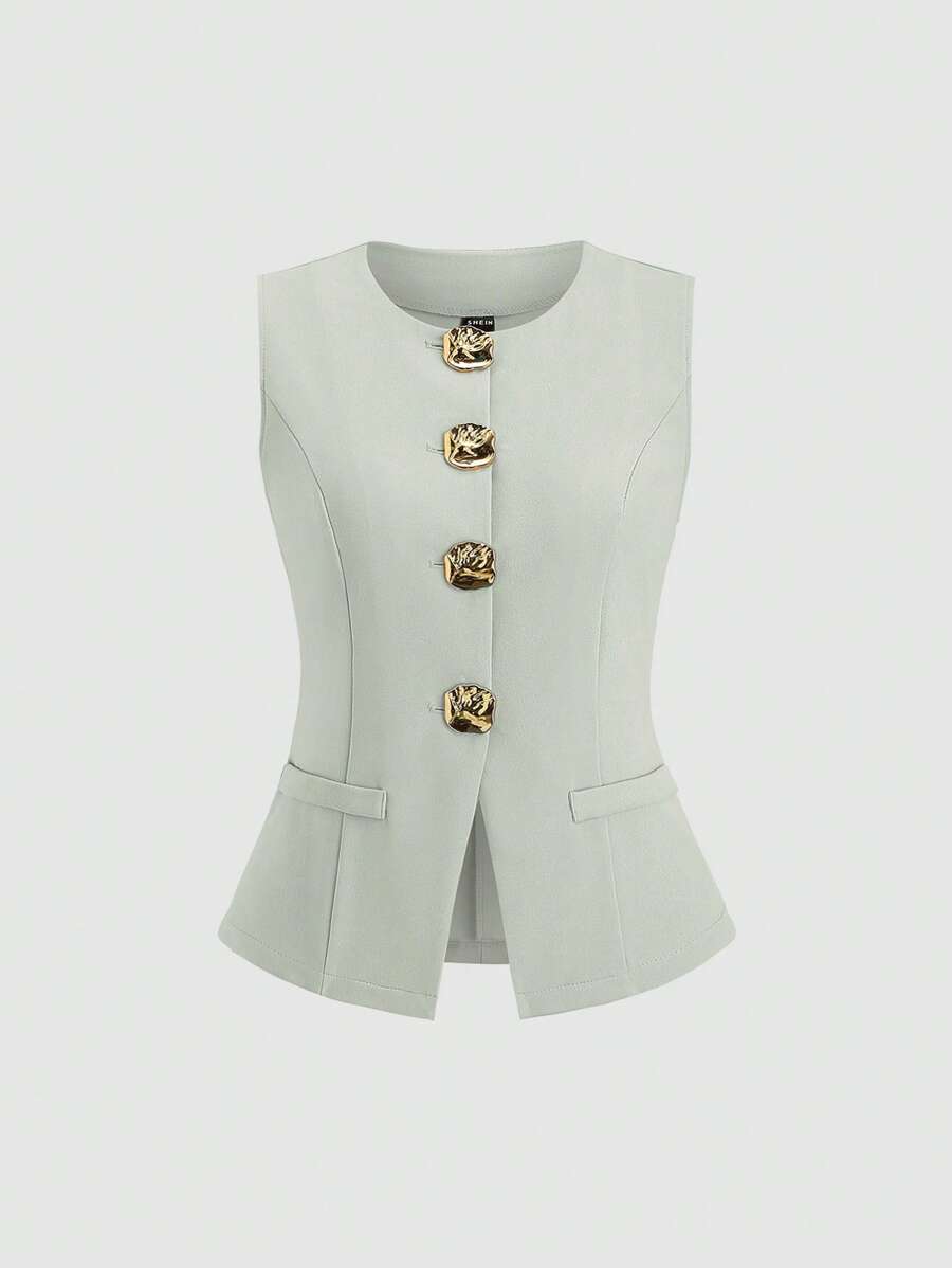 Sweetra French Simple Basic Metal Large Button Sleeveless Women Thin Blazer - Green - View 1
