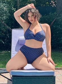 Swim Mod 大码女式蓝白波点聚拢钢托比基尼套装，时尚休闲假日比基尼套装 - 藍色 - 查看 4