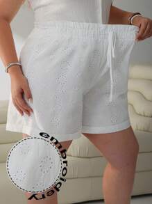 SHEIN EZwear 白色镂空刺绣休闲加大码短裤，椰子女孩，闺蜜旅行，夏季，度假女装 - 白色 - 查看 3