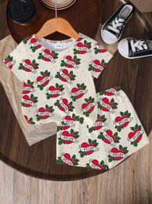 Baby Girls' Digital Print 2pcs Set, Casual Round Neck Short Sleeve T-Shirt And Shorts, Summer - Multicolor - View 1