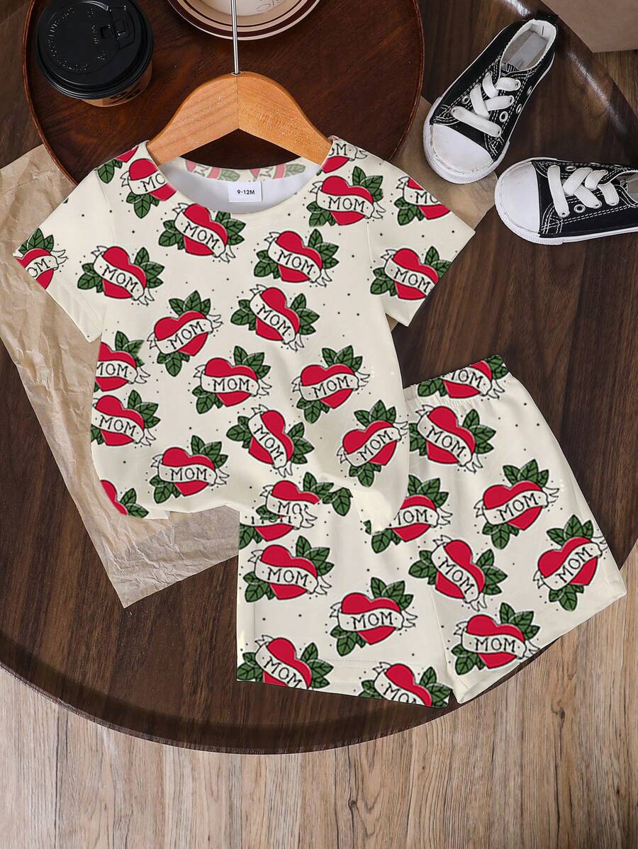 Baby Girls' Digital Print 2pcs Set, Casual Round Neck Short Sleeve T-Shirt And Shorts, Summer - Multicolor - View 1