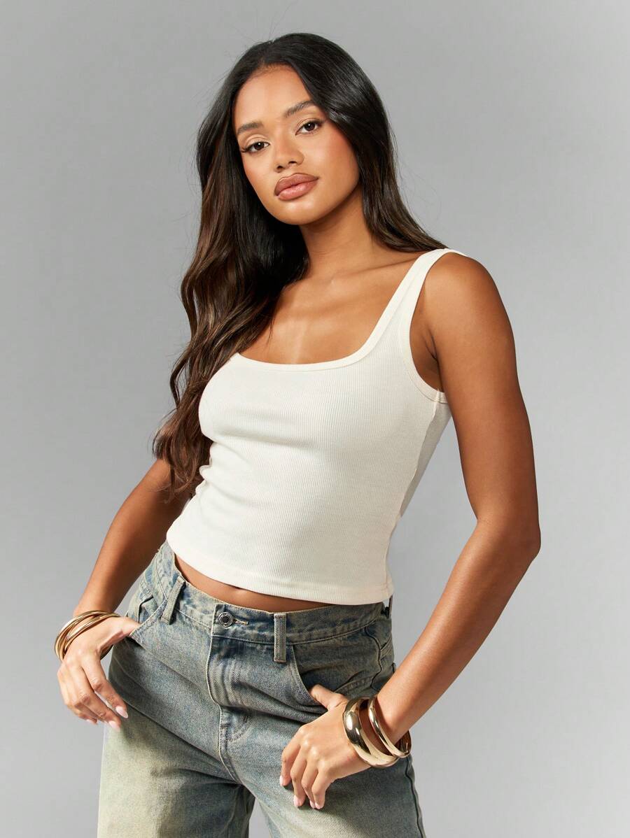 MISSGUIDED 罗纹方领吊带背心 基本款夏季无袖修身短款休闲日常百搭分层运动健身节瑜伽上衣 - 杏色 - 查看 1