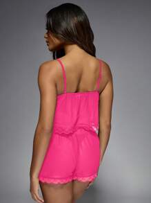 MISSGUIDED Luxury Chiffon Sleepwear Set Summer Comfort Lace Trim Two Piece Pajama Nightwear Set Loungewear Sleeveless Cami Top Bloomer Shorts - Hot Pink - View 2