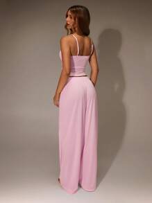 SHEIN Forever 21 2 件套女士休闲纯色吊带背心和裤子粉色套装 - 粉色 - 查看 2