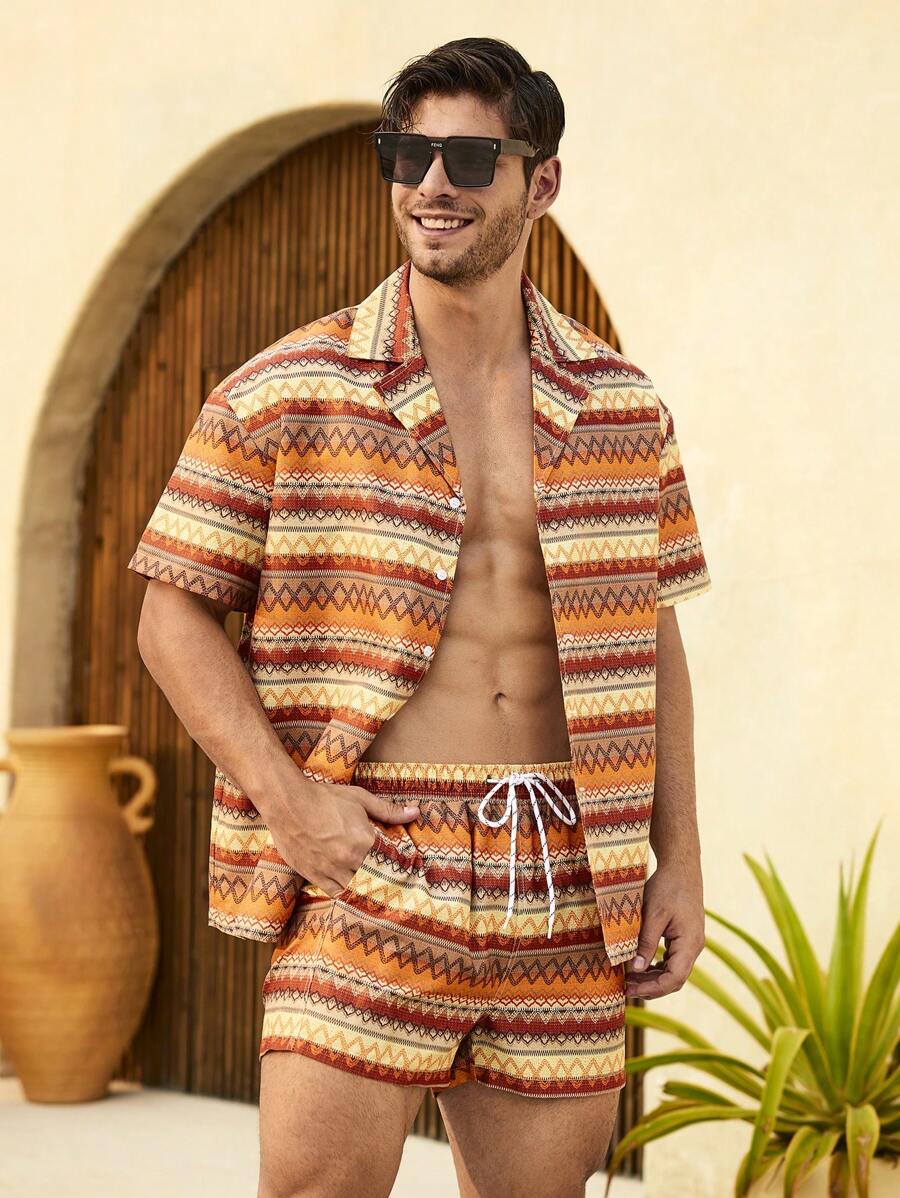 Palasendo 男士夏威夷风度假波浪条纹印花短袖衬衫和短裤沙滩两件套 - 彩色 - 查看 1