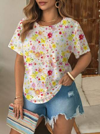 cha5rlie 休闲简约圆领短袖大码女式T恤，花卉印花，适合夏季度假