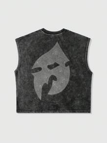 ROMWE MEN Street Life Men's Letter Rhinestone Diamond Pattern Washed Tank Top - Black - View 3