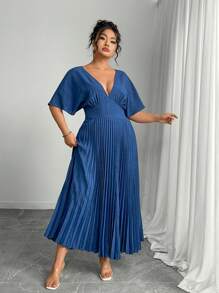 SHEIN Elenzya Plus Size Pleated Elegant Back Cinched Waist Front Cinched Mini Cocktail Dress - Blue - View 7