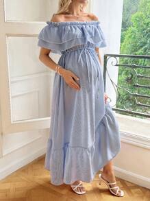 SHEIN Long Casual Plaid Maternity Dress With Ruffle Sleeves, Front Button Closure - Blue - View 1