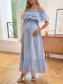 SHEIN Long Casual Plaid Maternity Dress With Ruffle Sleeves, Front Button Closure - Blue - View 5