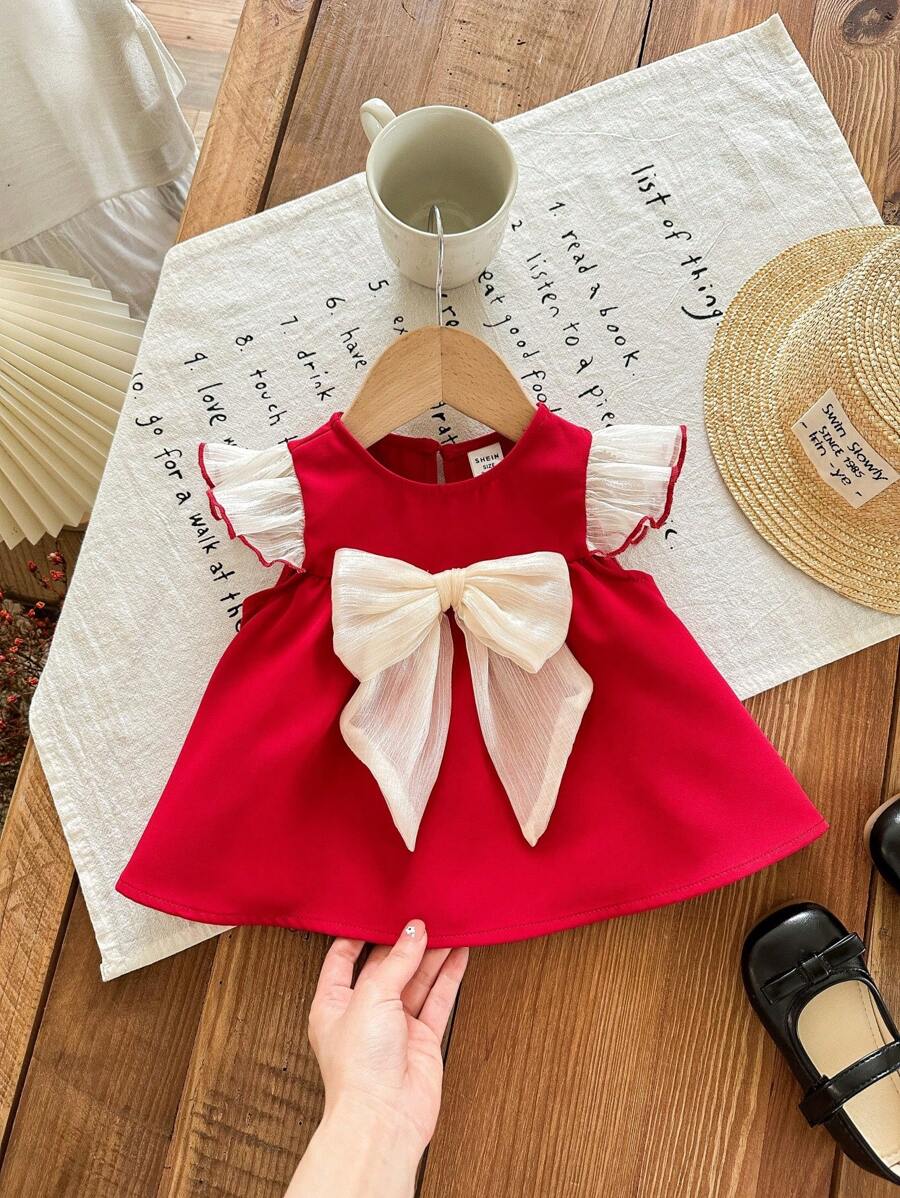 SHEIN LMoss Kids 女婴可爱百搭红色蝴蝶结装饰盖袖夏季衬衫 - 紅色 - 查看 1