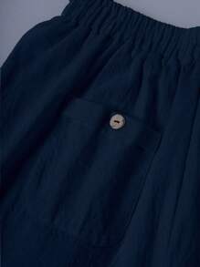 Linhara Plus Size Women Beach Washed Cotton Cinched Waist Back Pocket Button Detail Cropped Top