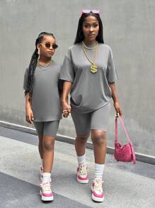 SHEIN Leap Crew Tween Girl Summer Casual Solid Color Round Neck Short Sleeve T-Shirt And Shorts Set Mommy And Me Matching Outfits(2 Sets Are Sold Separately) - Grey - View 8