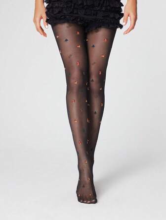 Kawaii 1 paio di collant con motivo jacquard nero, calze velate ricamate elasticizzate e dimagranti a motivo di cartoni animati carini