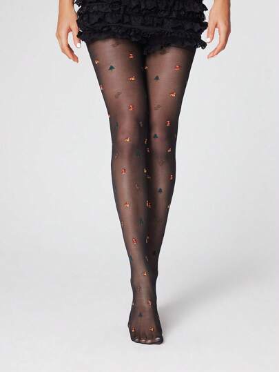 Kawaii 1 par de medias negras con patrón de jacquard, pantimedia linda de dibujos animados, medias transparentes elásticas y estilizadoras con bordado