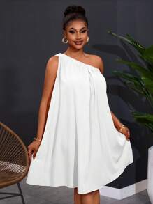 Slaydiva Plus Size Women's One Shoulder Sleeveless Solid Color Dress,Summer Outfits For Women,Sun Dresses For Women