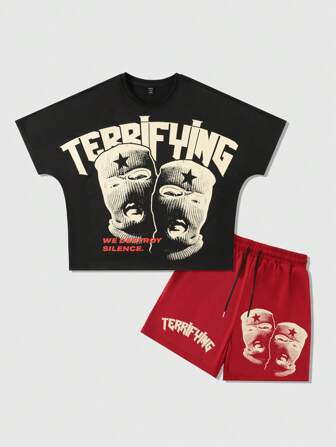 Ensemble t-shirt ample imprimé portrait d'homme, style de rue rétro