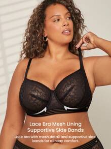 LUVLETTE Plus Sexy Lingerie Lounge Curve Sheer Full Coverage Unlined Lace Elegance Chic & Cozy Minimizer Black Bra