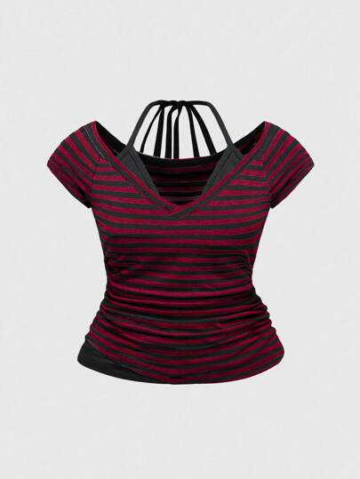 Grunge Punk Plus Size Women Y2K Sexy Halter Striped Contrast Color Tied-Up Bow T-Shirt, Summer