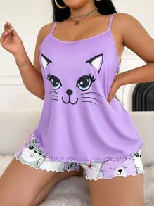 Conjunto de pijama de camiseta de tirantes y pantalones cortos con estampado de gato de talla grande