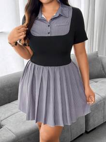 SHEIN MOOSTA Plus Size Casual Striped Patchwork Ruched Waist Midi Dress - Black - View 7