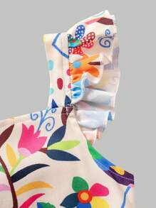 SHEIN Sparklyn 2pcs/Set Tween Girls Casual Mexican Girl Style Cap Sleeve Top & Floral Swing Skirt, Holiday & Daily Wear,Summer,Travel - Multicolor - View 5