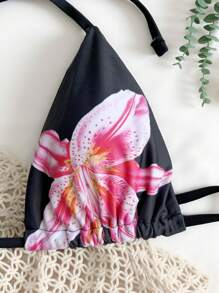 SHEIN Swim 2025 Floral Print Halter Bra & Tied Side Briefs Bikini Set - Black - View 4