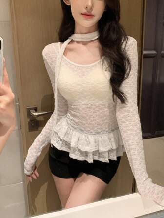 DAZY Camiseta de manga larga con cuello de corbata y detalles de encaje para mujer, de verano