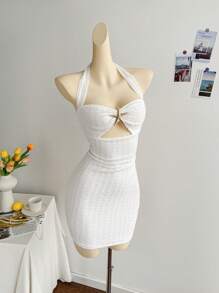 Soleia Abito mini da donna per le vacanze, in maglia bianca con texture, spalline annodate, con inserti metallici a forma di stella marina decorativa, adatto per feste, appuntamenti, spiaggia, estate, aderente e sexy