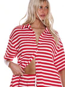 MUSERA Camisa con mangas cortas a botones de punto con tejido de ganchillo a rayas sobredimensionado, ideal para primavera, verano, vacaciones, playa y días festivos