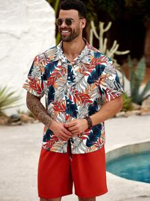 ResortEase Set de 2 piezas de camisa de manga corta y pantalones cortos estampado de hojas para hombres de talla grande de verano