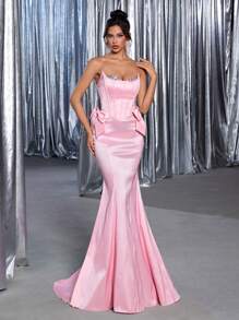Glamrae Elegant Pink Collar Luxury Sequined Patchwork Strapless Dress With Unique Asymmetric Neckline, Detachable Bowknot Embellish, Mermaid Hem, Adjustable Ribbon, Suitable For Dates, Vacation, Birthday, Single Party, Wedding, Graduation, Prom, Formal Occasions, Gown, For Evening, Wedding Guest,Graduation,Graduation Dresses For Women,Back To School Dress - Pink - View 7