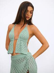 Aloruh Women's Spring/Summer Vacation Green Crochet Halter Neck & Super Low Waist Bodycon Skirt 2 Pieces Set