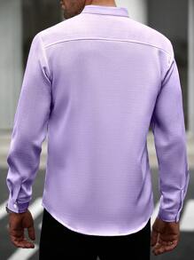 Manfinity Homme Men's Casual Business Commute Solid Color Long Sleeve Button-Up Shirt,Men's Solid Color Texture Casual Wrinkle Double Patch Bag Commuting Light Mature Long Sleeved Button Up Shirt, For Fall